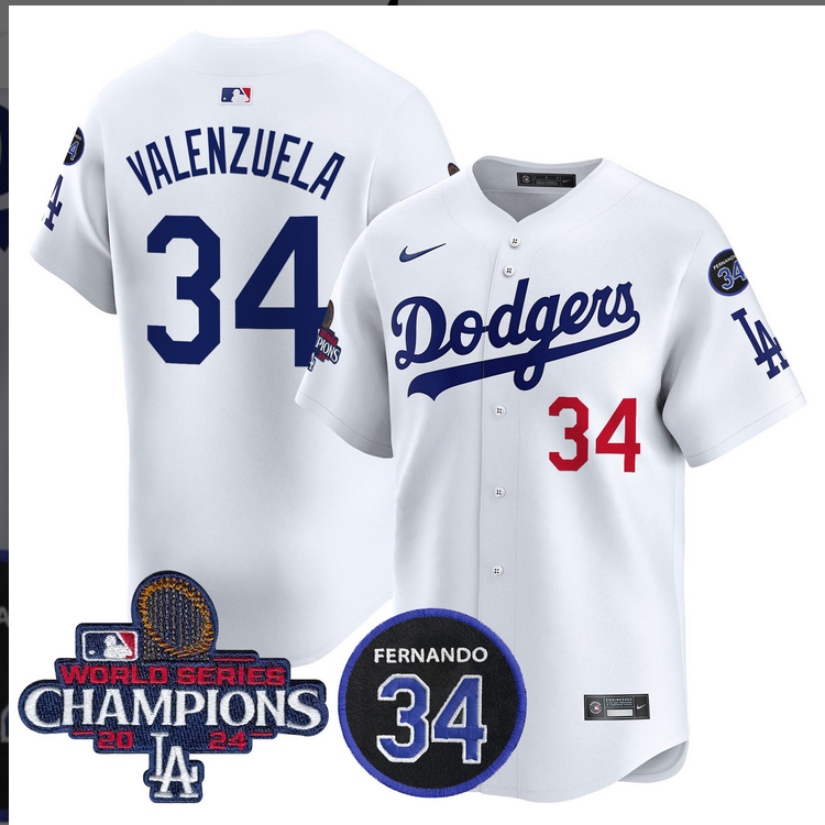 Men MLB Los Angeles Dodgers #34 Valenzuela white 2024 World Series Champions Patch Limited Jersey